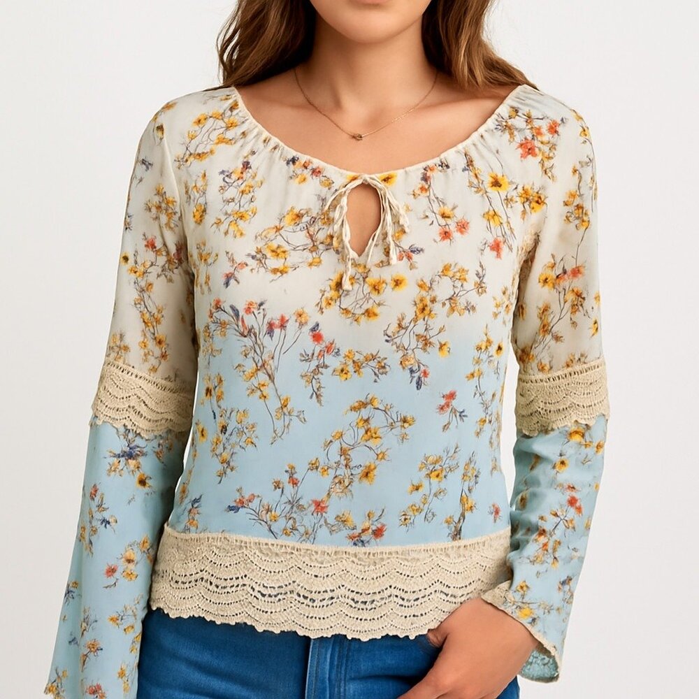 Rue21 Floral Crochet Boho Top S Sheer‎ Long Sleeve Peasant Blouse Festival